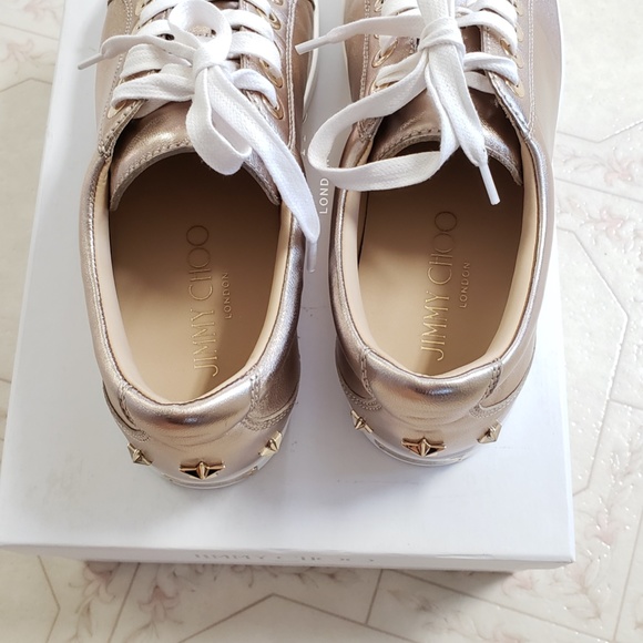 NWT Jimmy Choo Shoes Leather Sneaker Rose Gold Designer Luxury Sneaker Presents - Picture 3 of 16